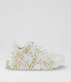 SKECHERS Sport School Shoes-Uno Lite Junior White Silver Gold Fabric Sneakers