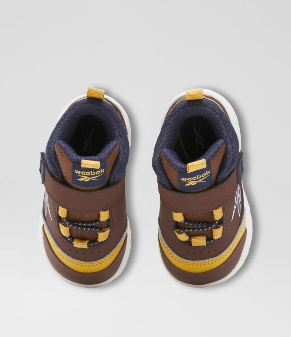 REEBOK Sport School Shoes-Weebok Storm Toddler Brown Navy Gold Leather Sneakers
