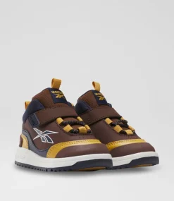 REEBOK Sport School Shoes-Weebok Storm Toddler Brown Navy Gold Leather Sneakers