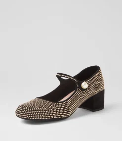 Women TOP END Mary Janes|Heels-Welos Black Gold Suede Mary Jane Heels