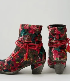 Women I LOVE BILLY Boots-Zonte Red Ornate Velvet Ankle Boots